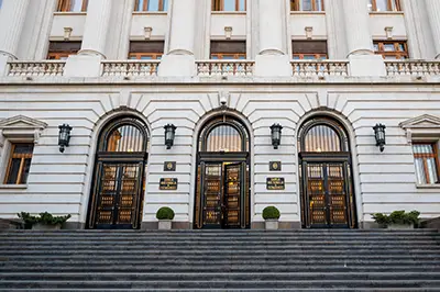 exterior photo of a large bank building